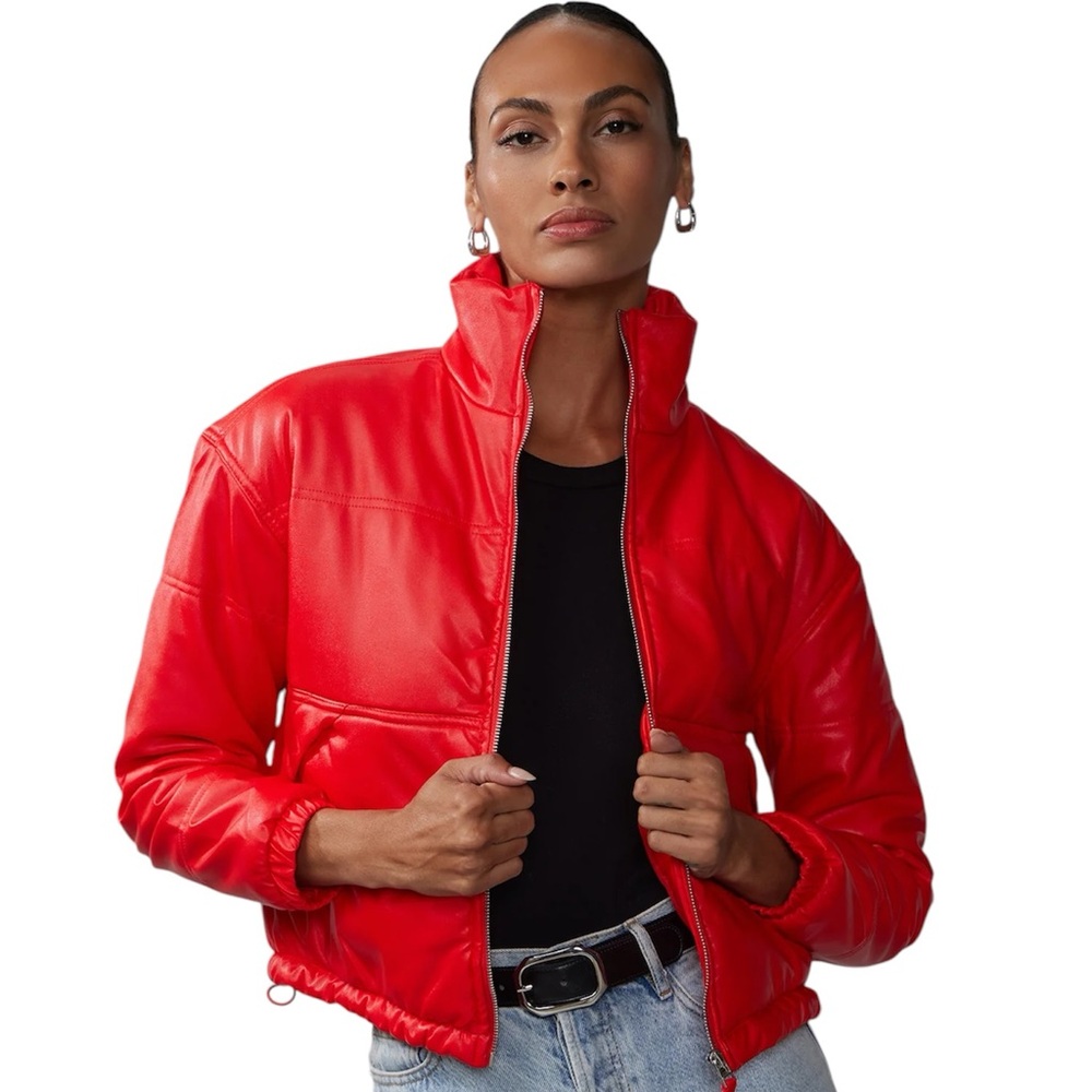 VILA Orange Red Faux Leather Puffer Jacket NWT Size M